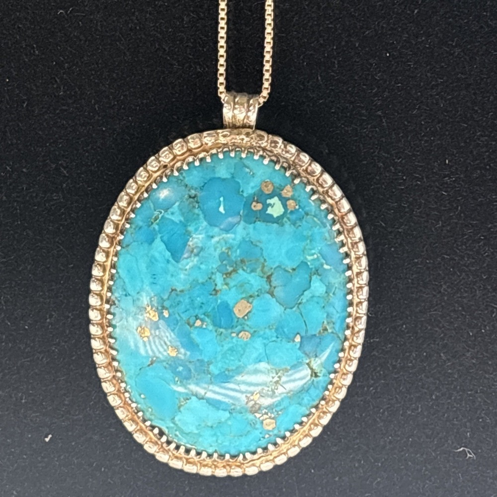 Beautiful Sterling Silver Copper Turquoise Oval Pendant and 16 Inch Chain - Picture 10 of 11